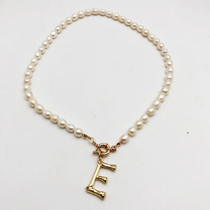 Gold English Alphabet Necklace Beaded Pearls